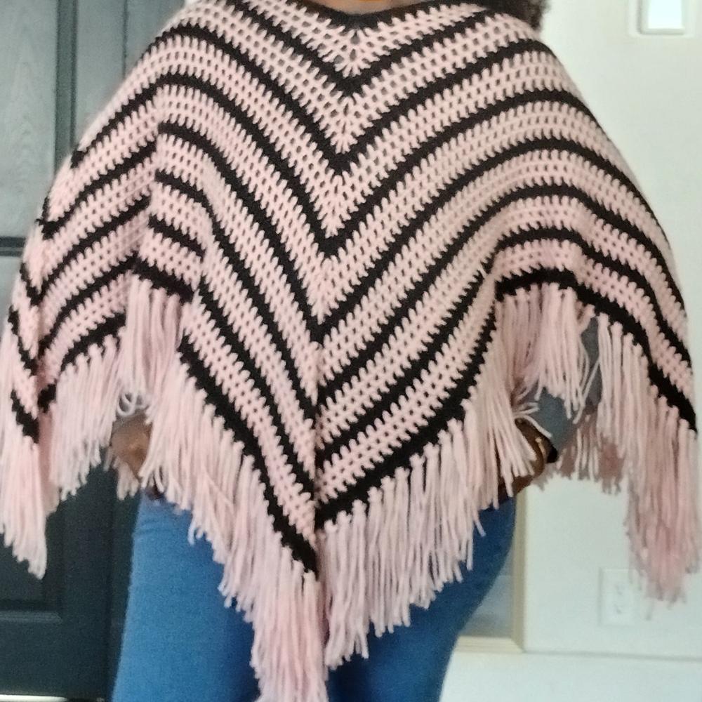 Pink and Black Chevron Fringe Sweater Poncho
